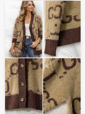 Women's Brown and Beige Button Front Knit Cardigan Sweater